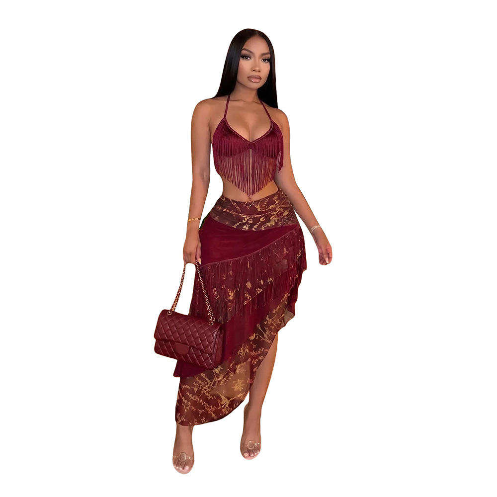 Frenum tassels wrapped chest irregular skirt a set
