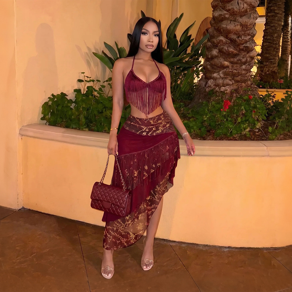 Frenum tassels wrapped chest irregular skirt a set