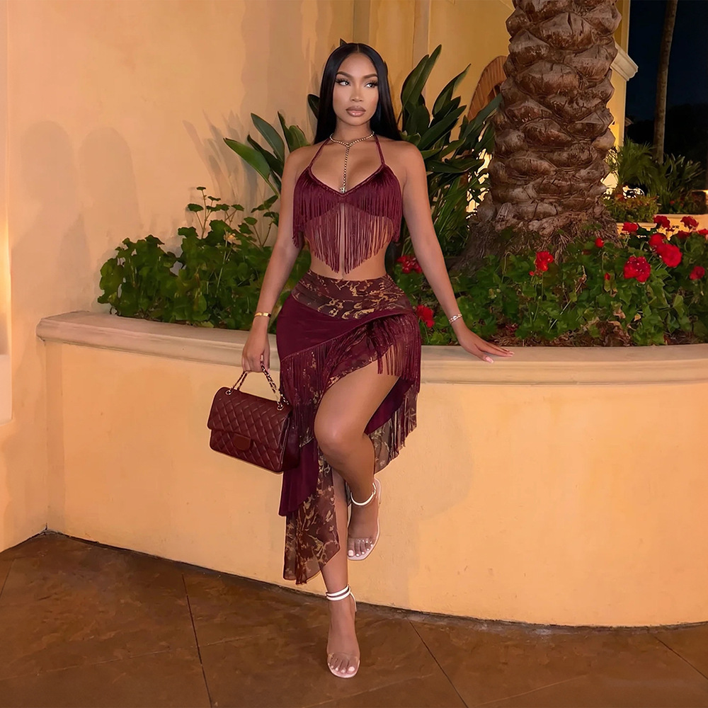 Frenum tassels wrapped chest irregular skirt a set
