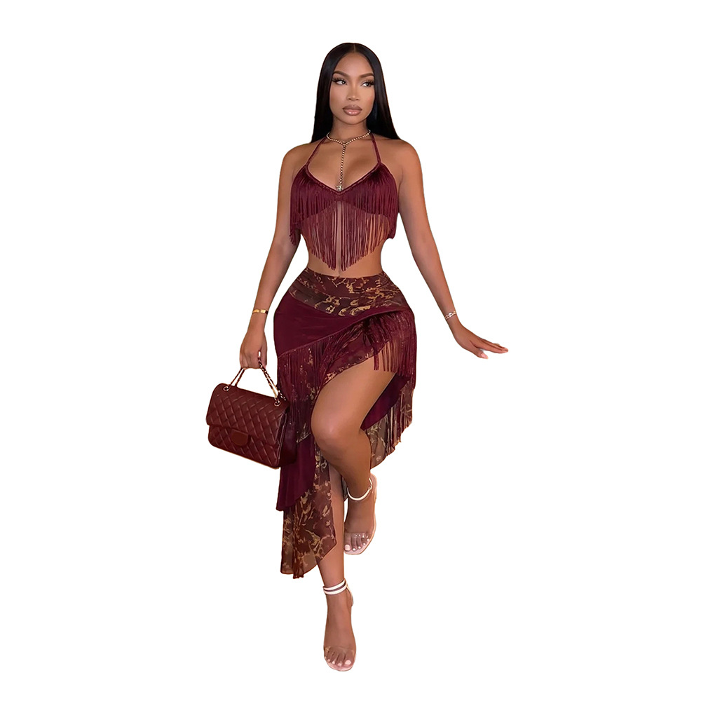 Frenum tassels wrapped chest irregular skirt a set