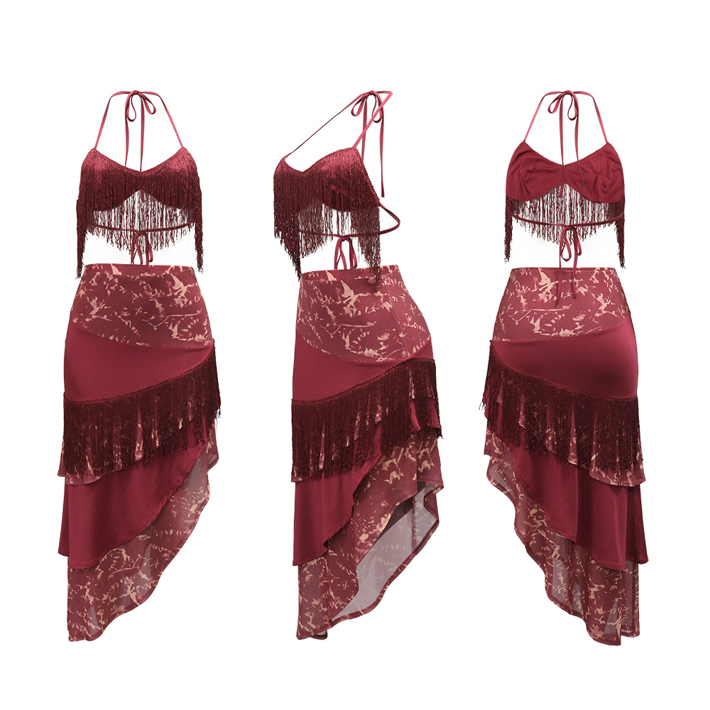 Frenum tassels wrapped chest irregular skirt a set