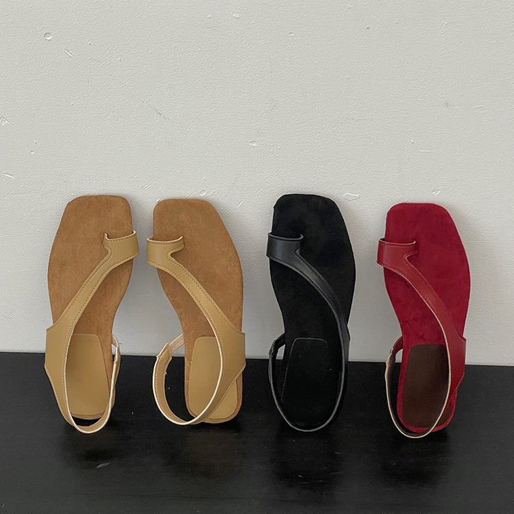 Square head lady open toe shoes flat summer 