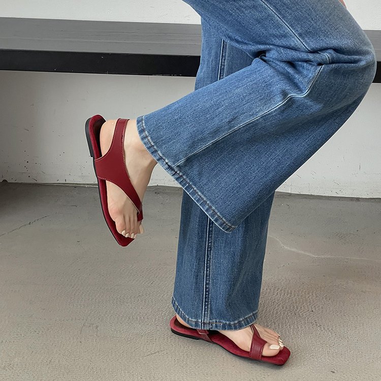 Square head lady open toe shoes flat summer 