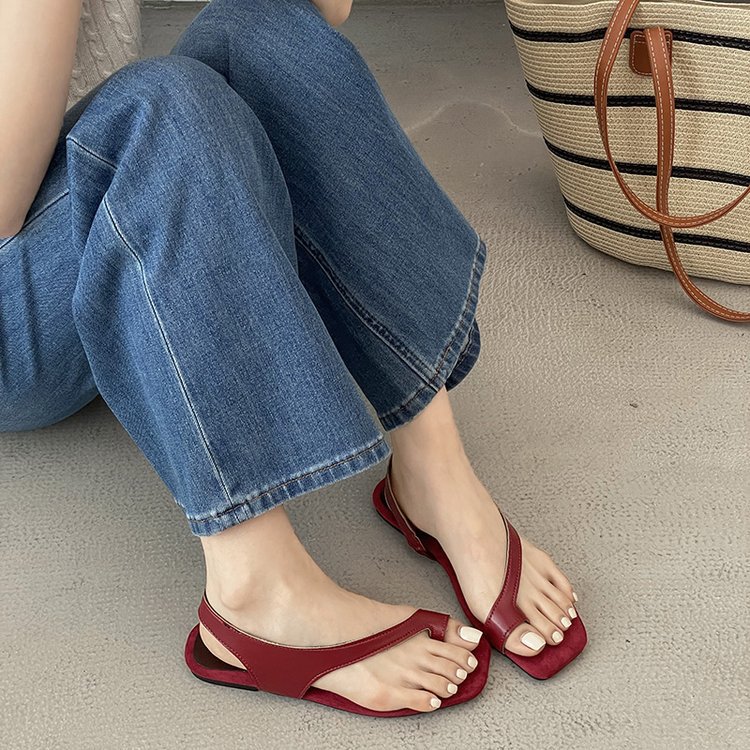 Square head lady open toe shoes flat summer 