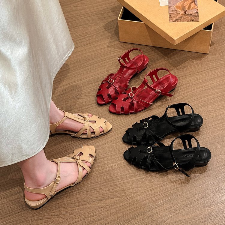 Lady France style low sandals summer hollow shoes
