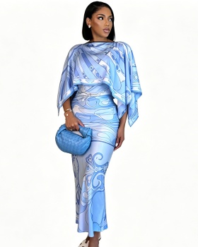 European style smock printing strap dress 2pcs set for women