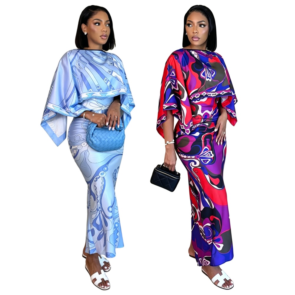 European style smock printing strap dress 2pcs set for women