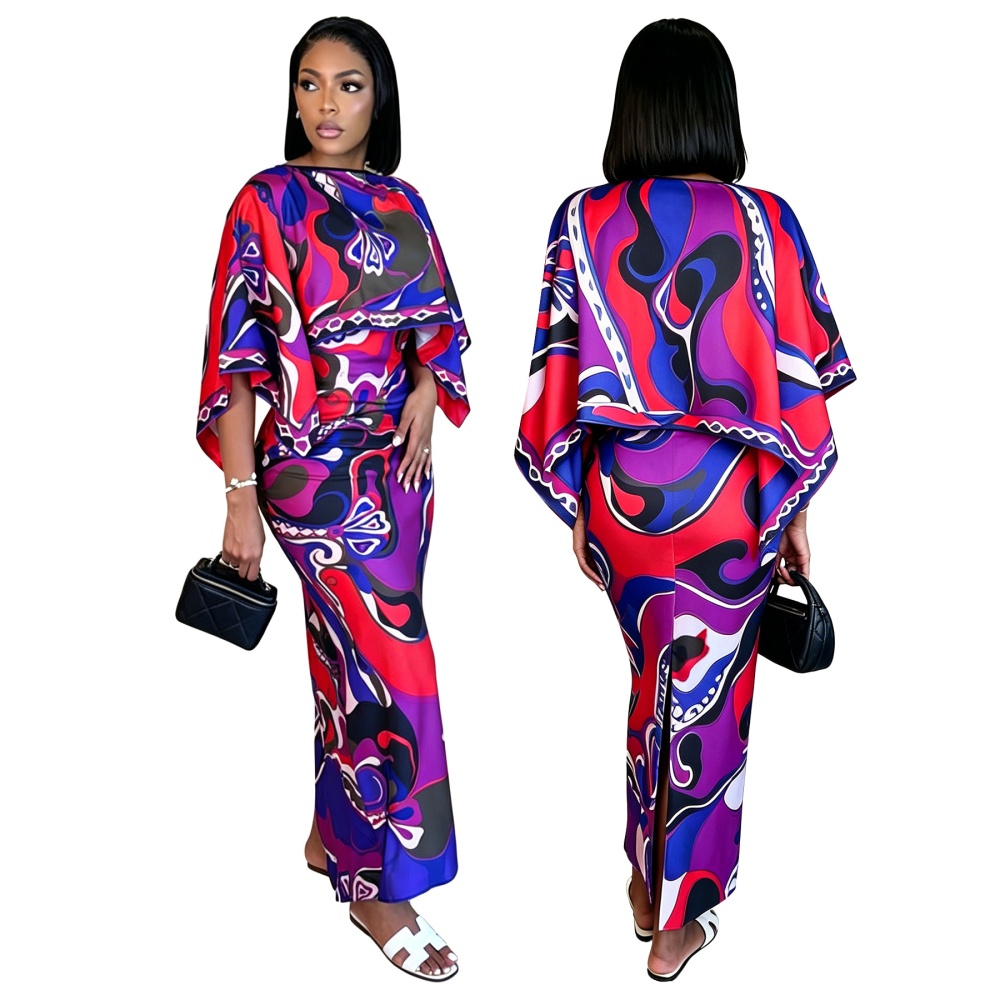 European style smock printing strap dress 2pcs set for women