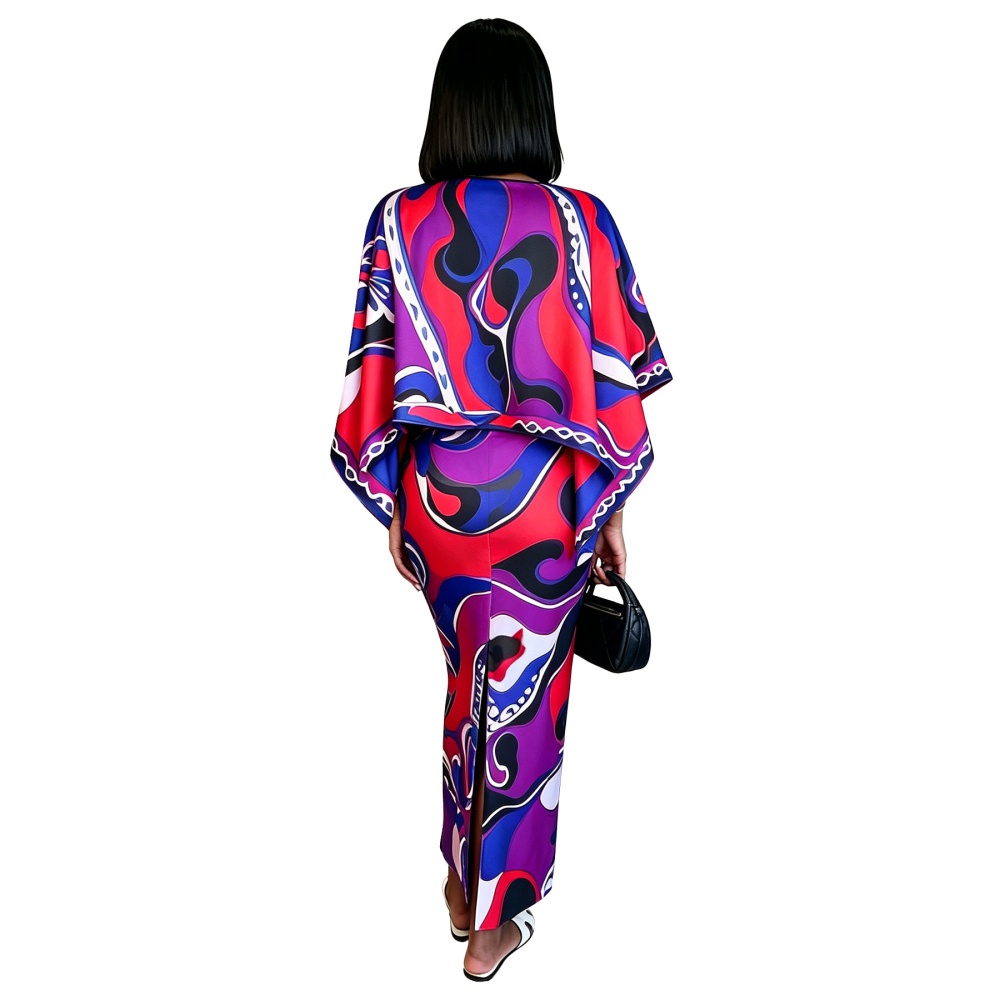 European style smock printing strap dress 2pcs set for women