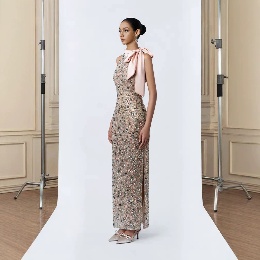 Sequins bow halter long dress niche elegant formal dress
