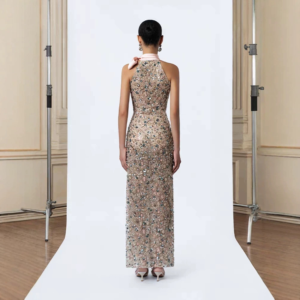 Sequins bow halter long dress niche elegant formal dress