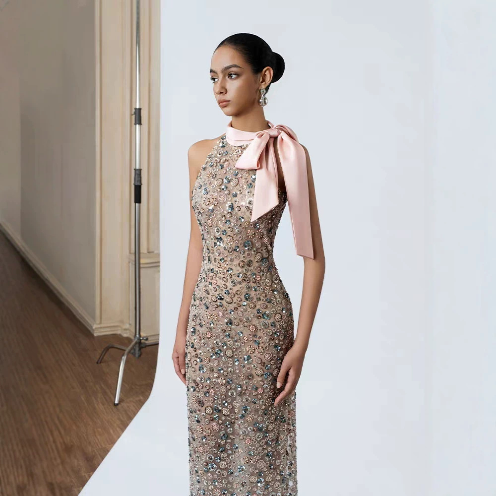 Sequins bow halter long dress niche elegant formal dress