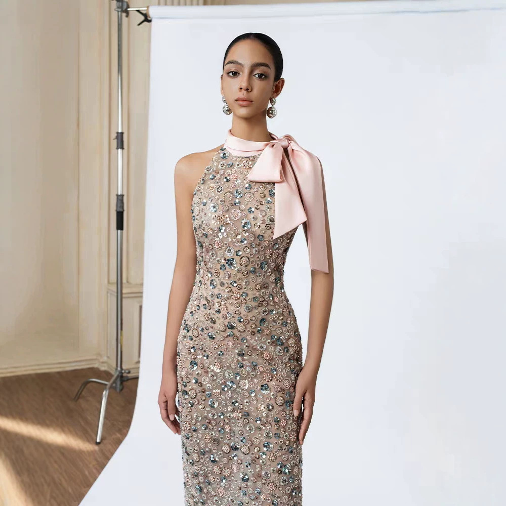 Sequins bow halter long dress niche elegant formal dress