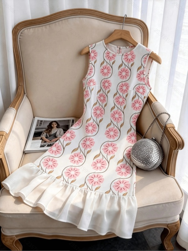 Slim round neck flowers elegant sleeveless dress