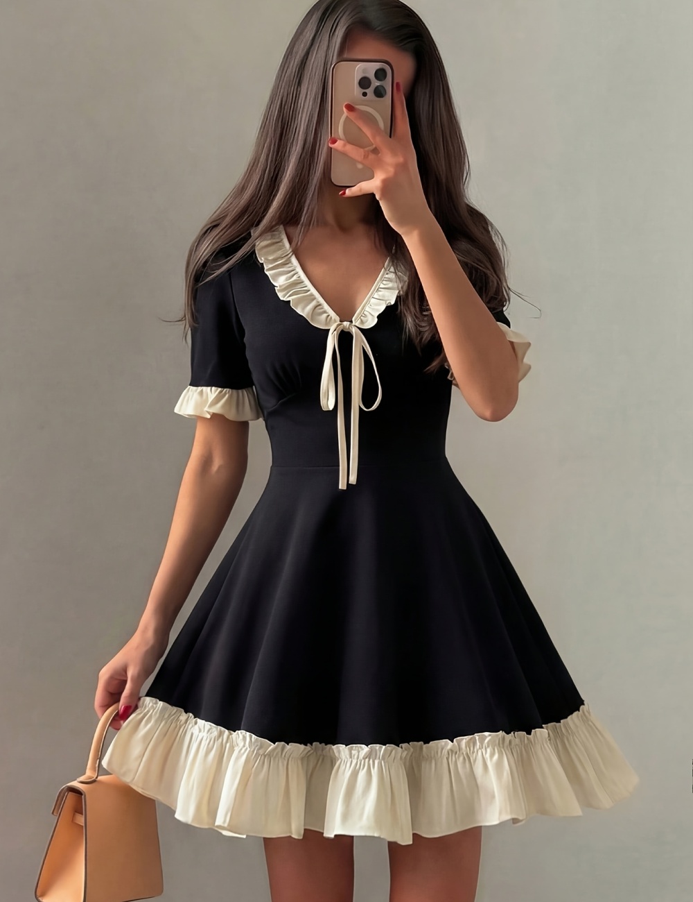 V-neck romantic mixed colors A-line frenum dress