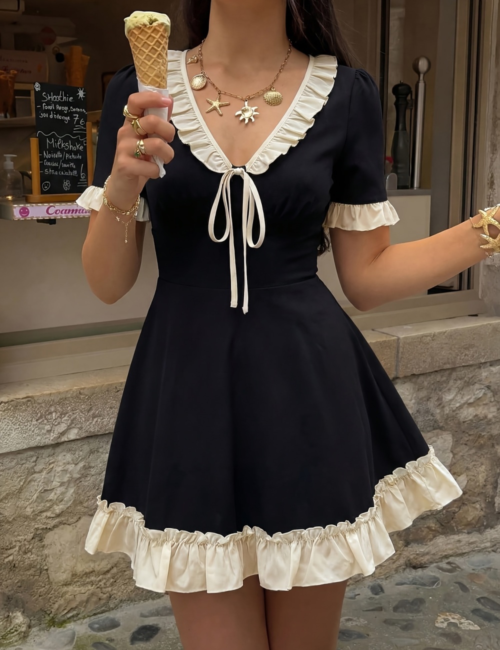 V-neck romantic mixed colors A-line frenum dress