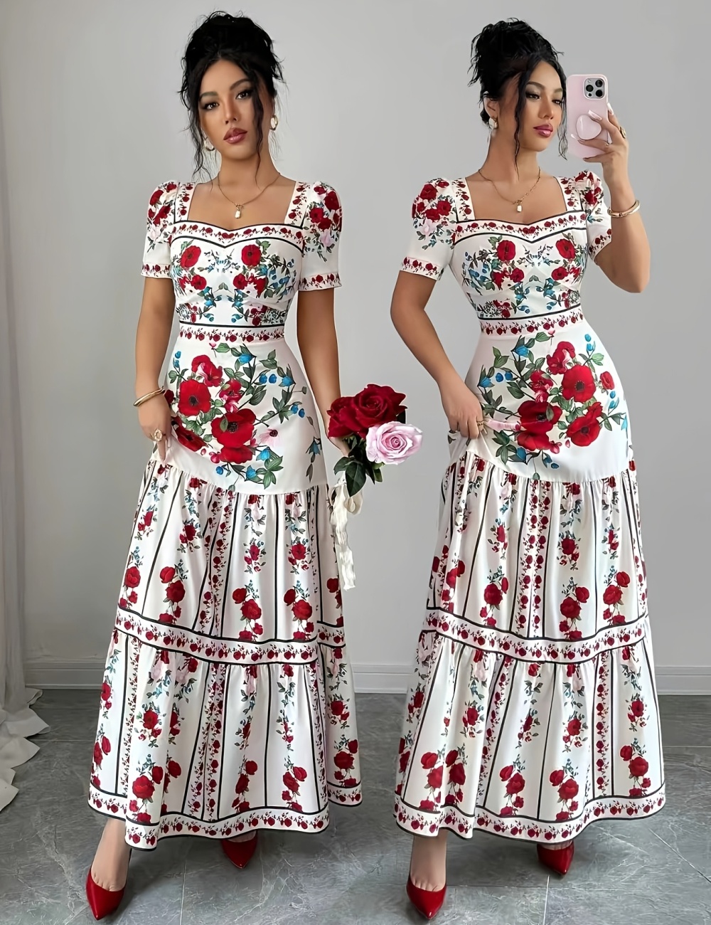 Pinched waist romantic long summer flowers dress