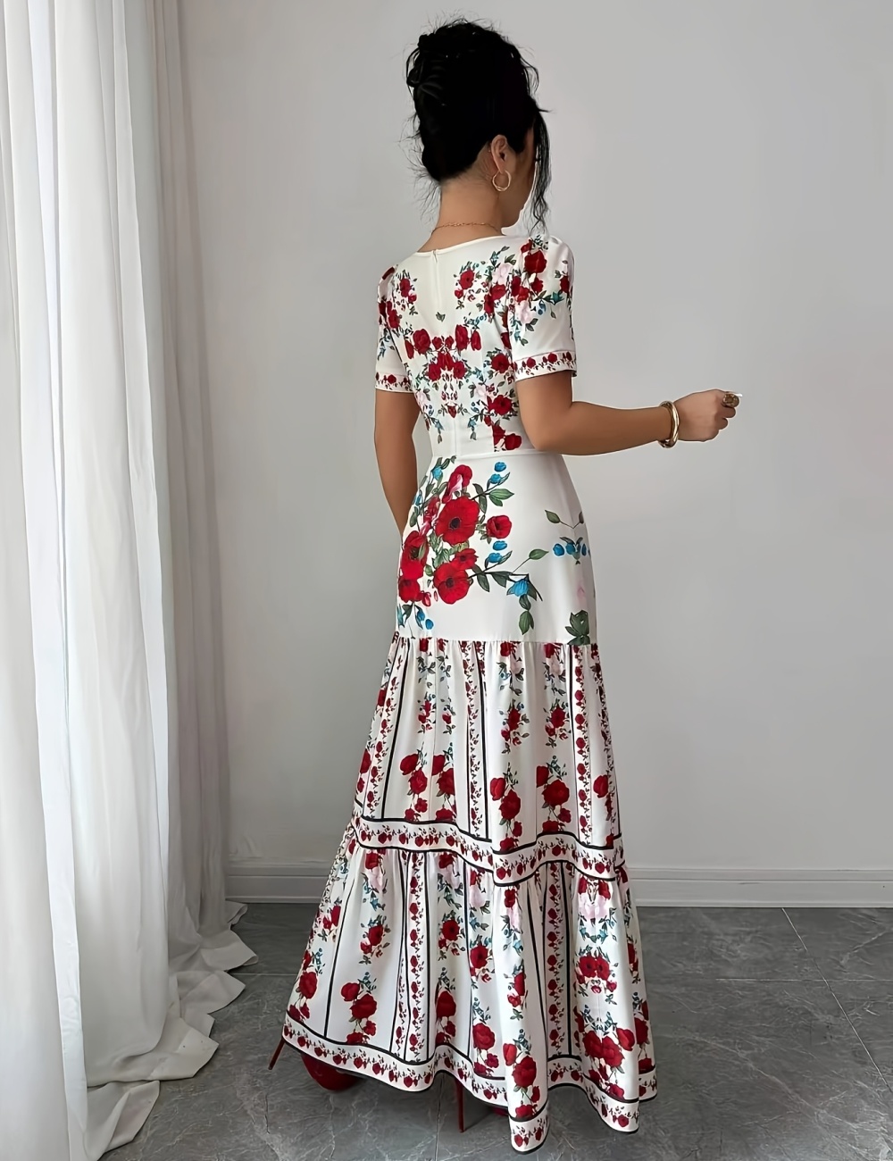 Pinched waist romantic long summer flowers dress