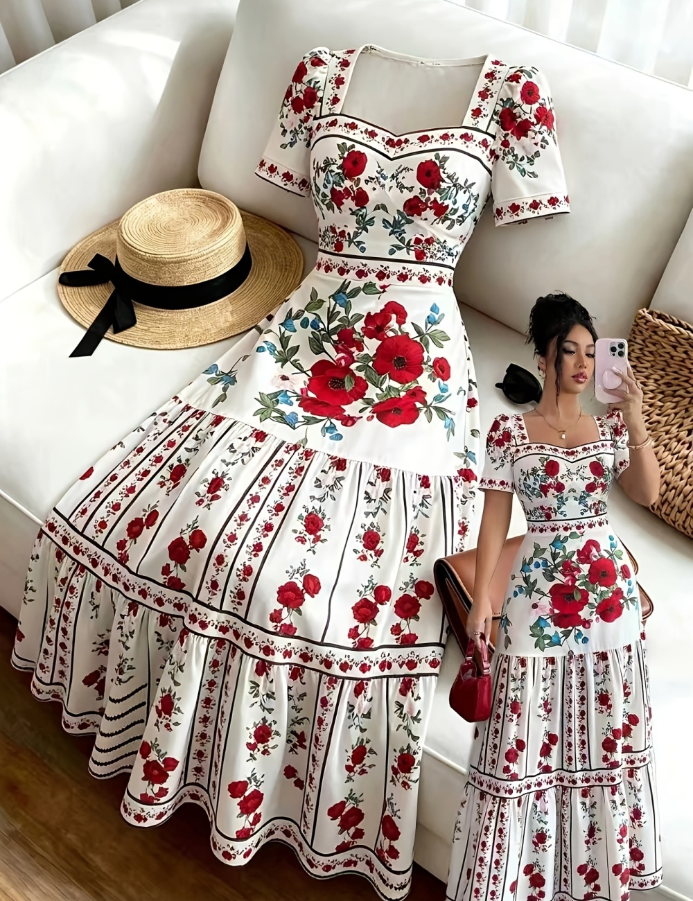 Pinched waist romantic long summer flowers dress