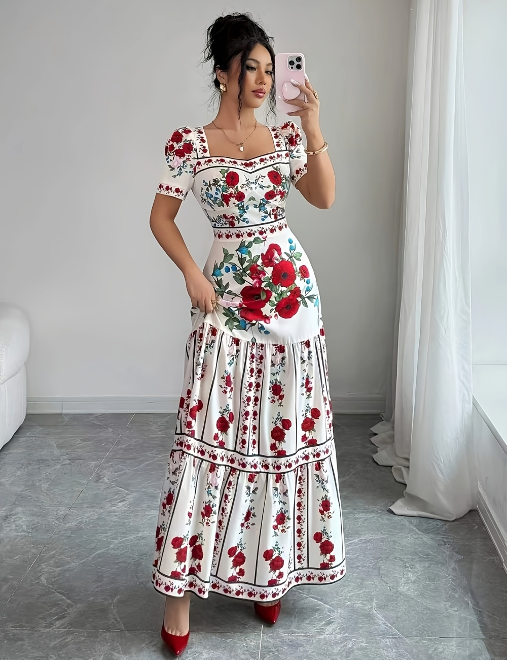 Pinched waist romantic long summer flowers dress