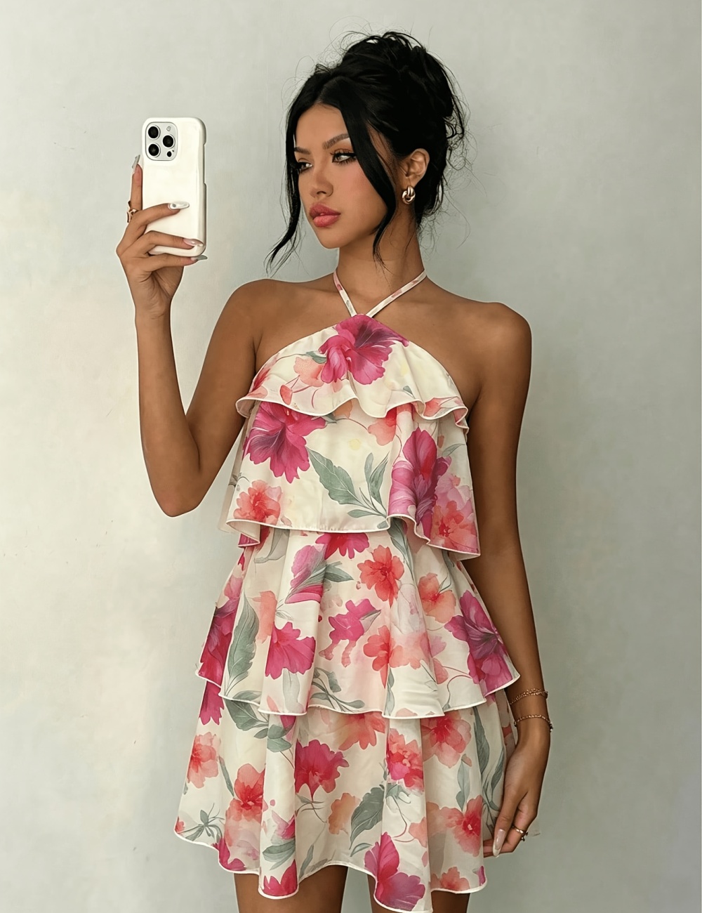 Flowers halter sexy romantic multilayer dress