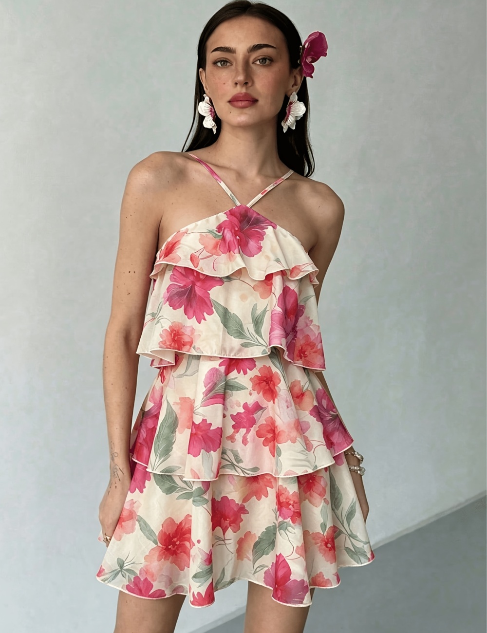 Flowers halter sexy romantic multilayer dress