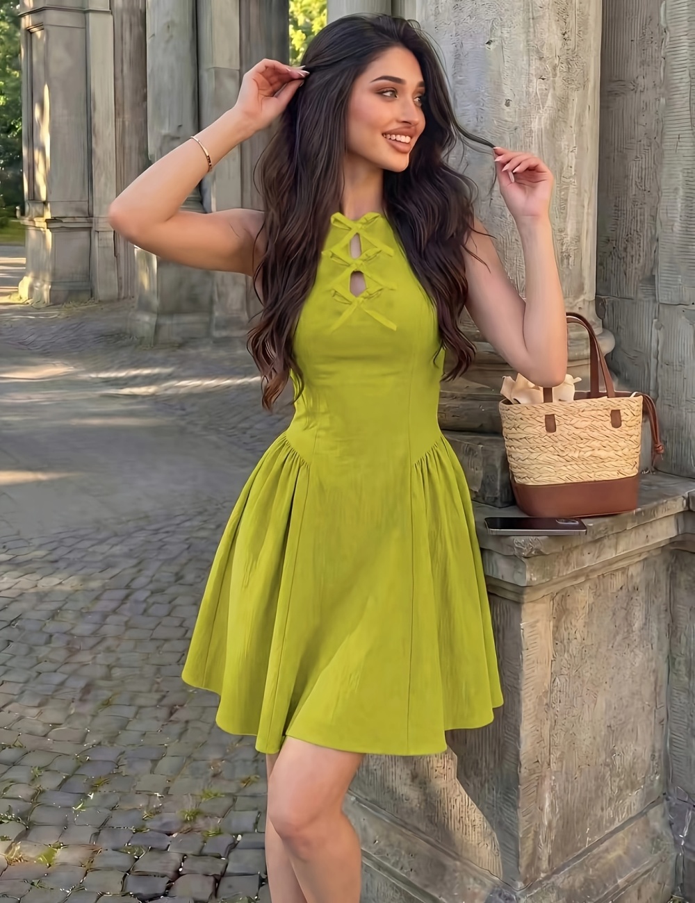Round neck elegant short sleeveless bow dress