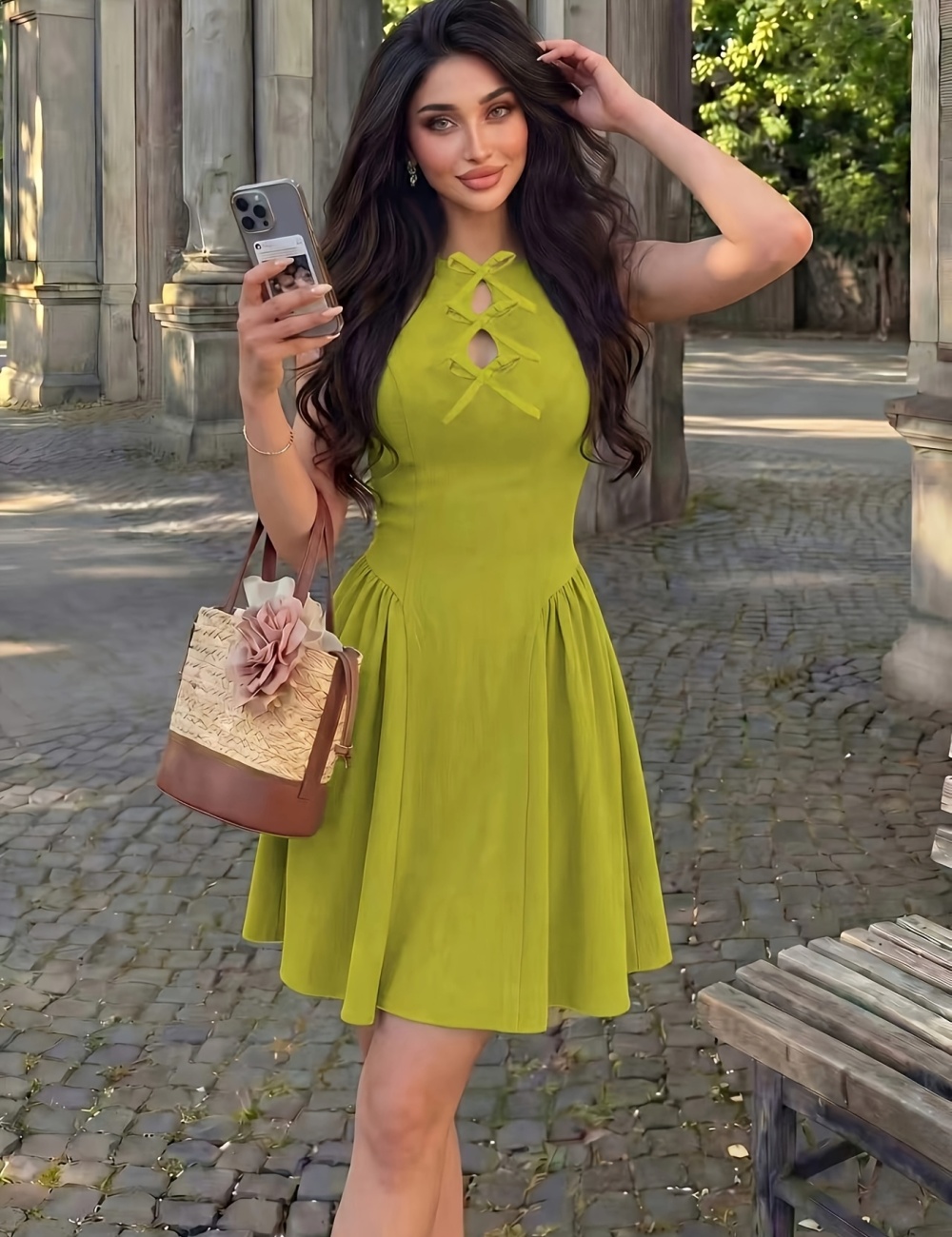 Round neck elegant short sleeveless bow dress