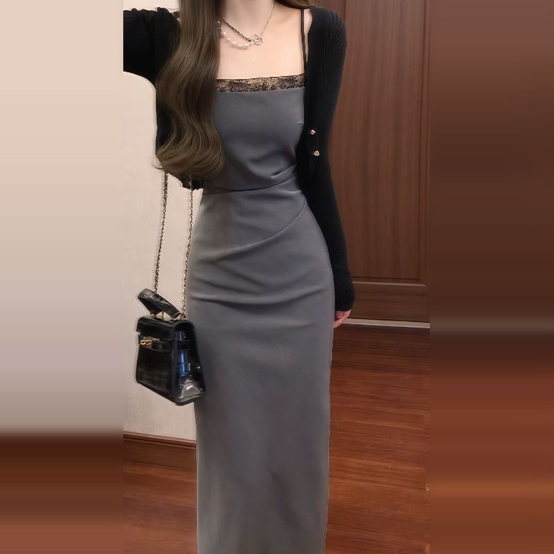 Sling pinched waist cardigan package hip coat a set