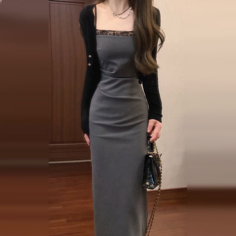 Sling pinched waist cardigan package hip coat a set