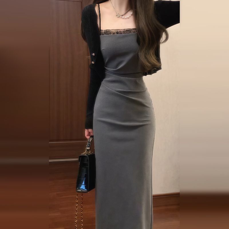 Sling pinched waist cardigan package hip coat a set