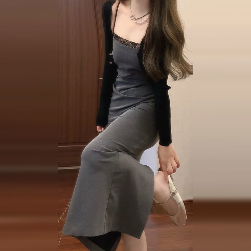 Sling pinched waist cardigan package hip coat a set
