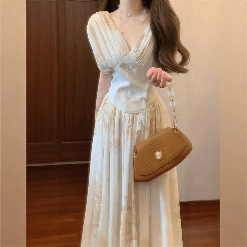 Casual V-neck elegant big skirt retro pinched waist fold dress