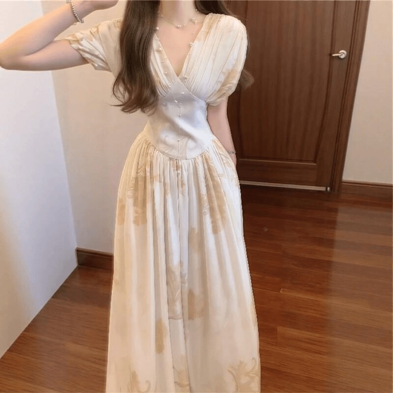 Casual V-neck elegant big skirt retro pinched waist fold dress