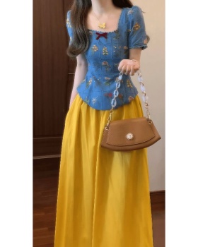 Square collar retro tops France style yellow skirt a set