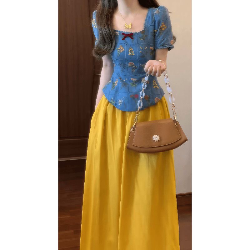 Square collar retro tops France style yellow skirt a set