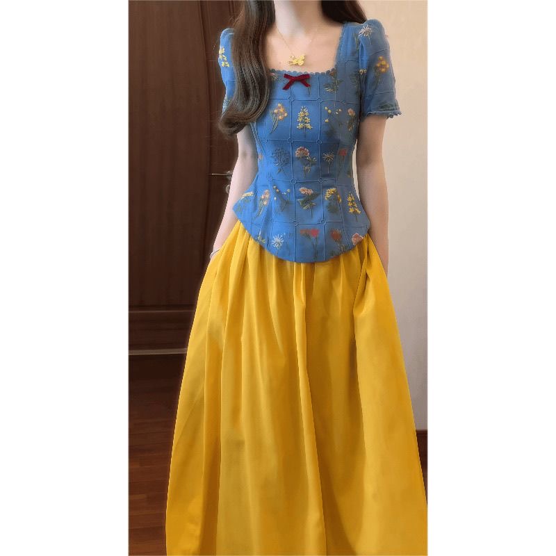 Square collar retro tops France style yellow skirt a set