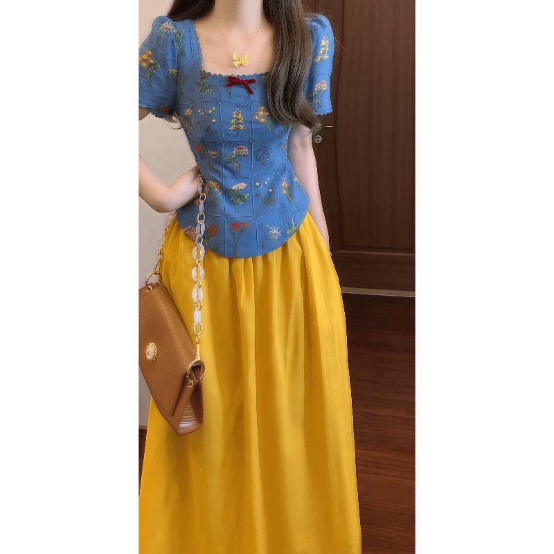 Square collar retro tops France style yellow skirt a set