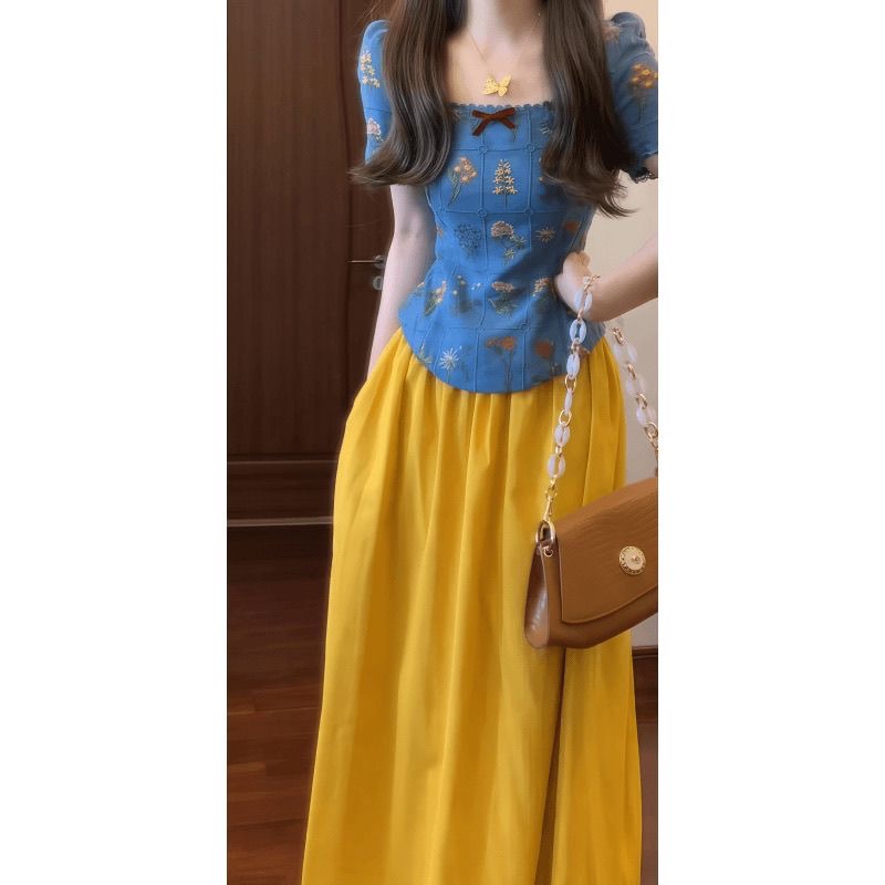 Square collar retro tops France style yellow skirt a set