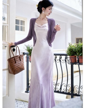 Knitted pinched waist long dress gradient dress 2pcs set