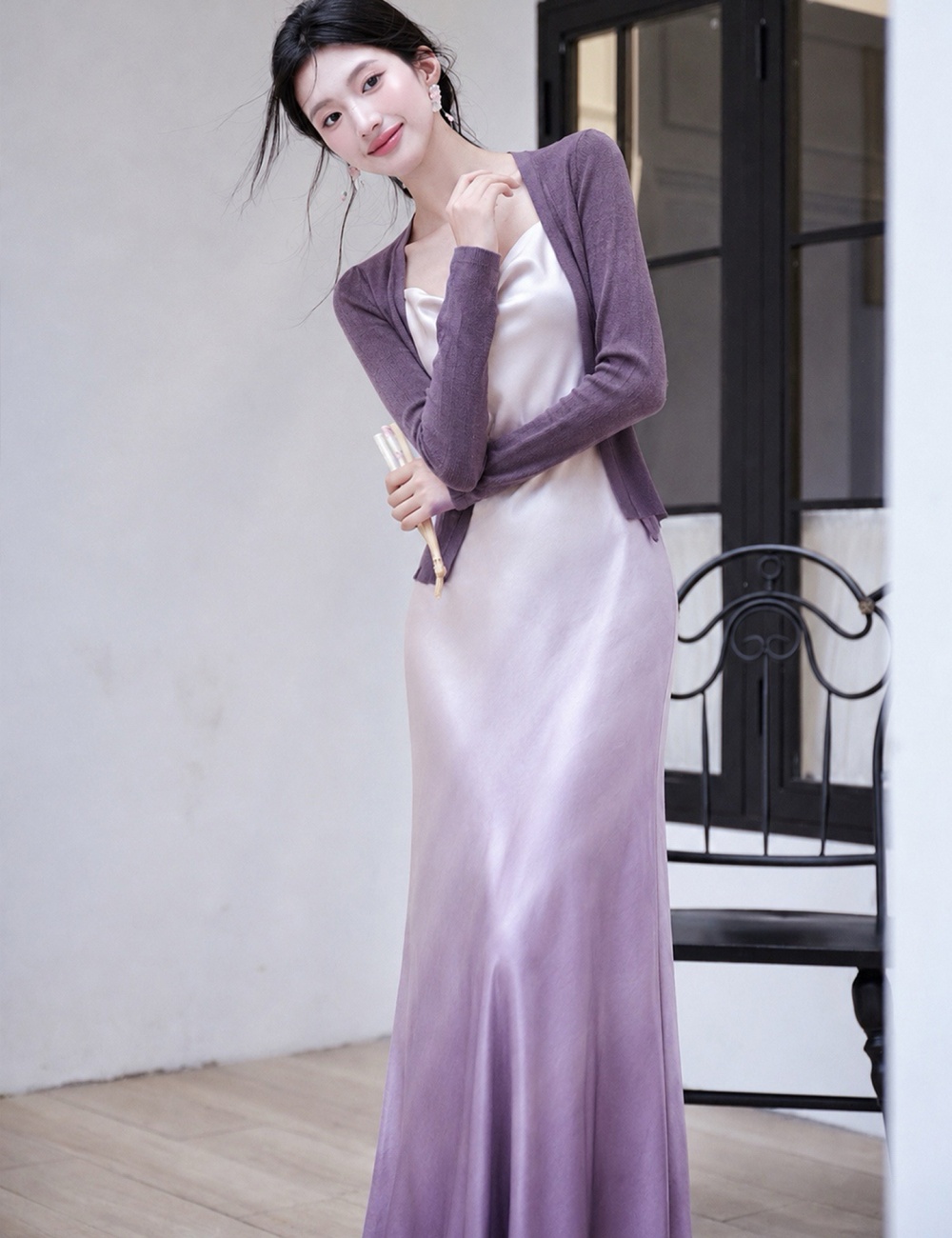 Knitted pinched waist long dress gradient dress 2pcs set