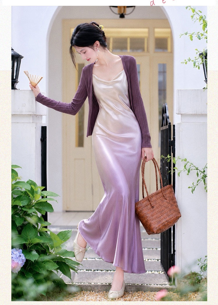Knitted pinched waist long dress gradient dress 2pcs set