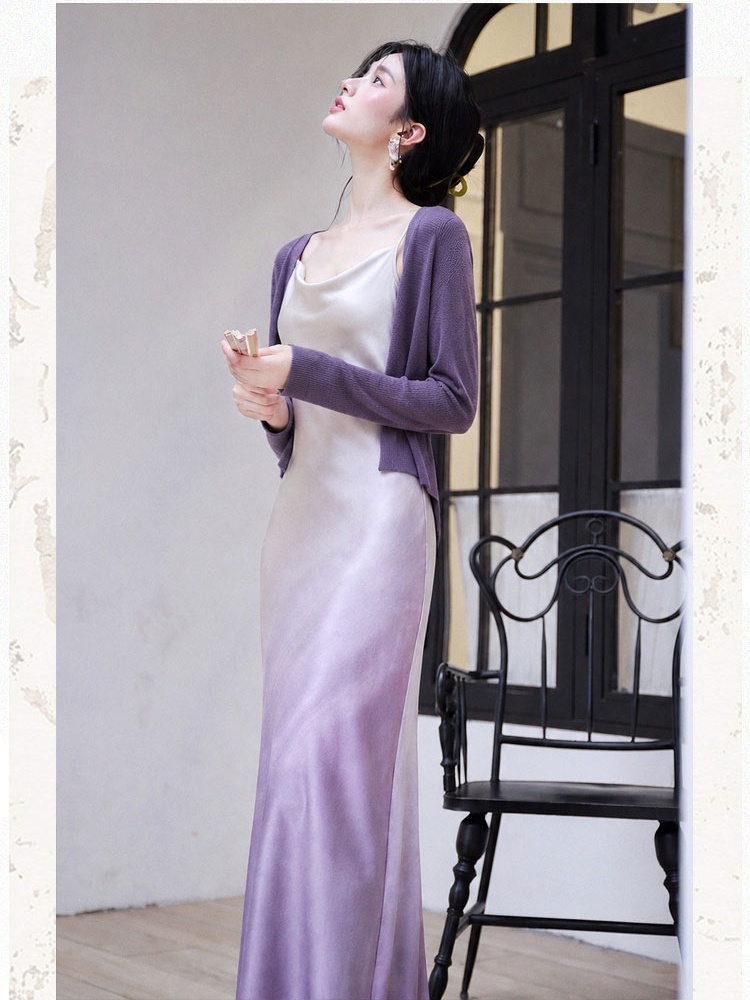 Knitted pinched waist long dress gradient dress 2pcs set