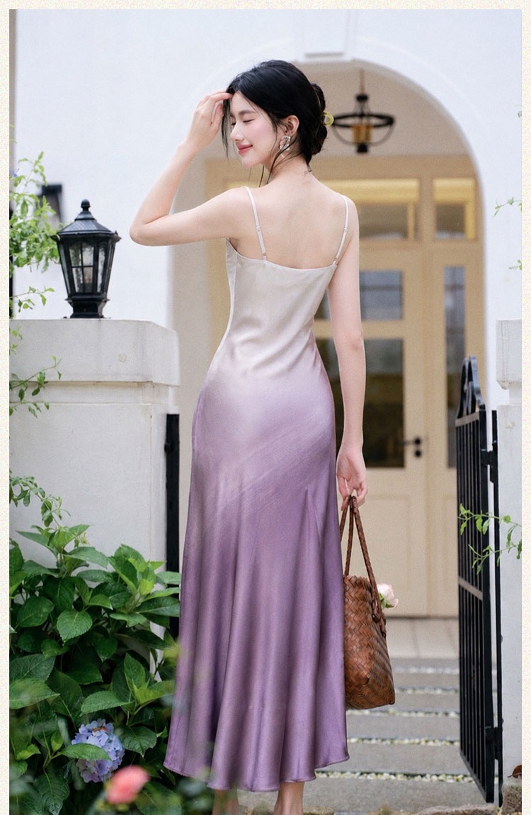 Knitted pinched waist long dress gradient dress 2pcs set