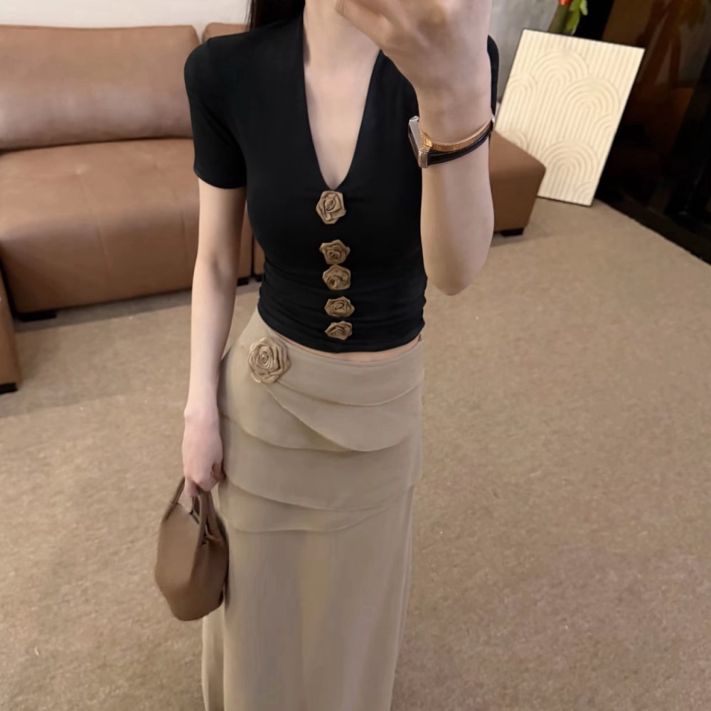 Fashion cake V-neck tops slim Korean style skirt 2pcs set