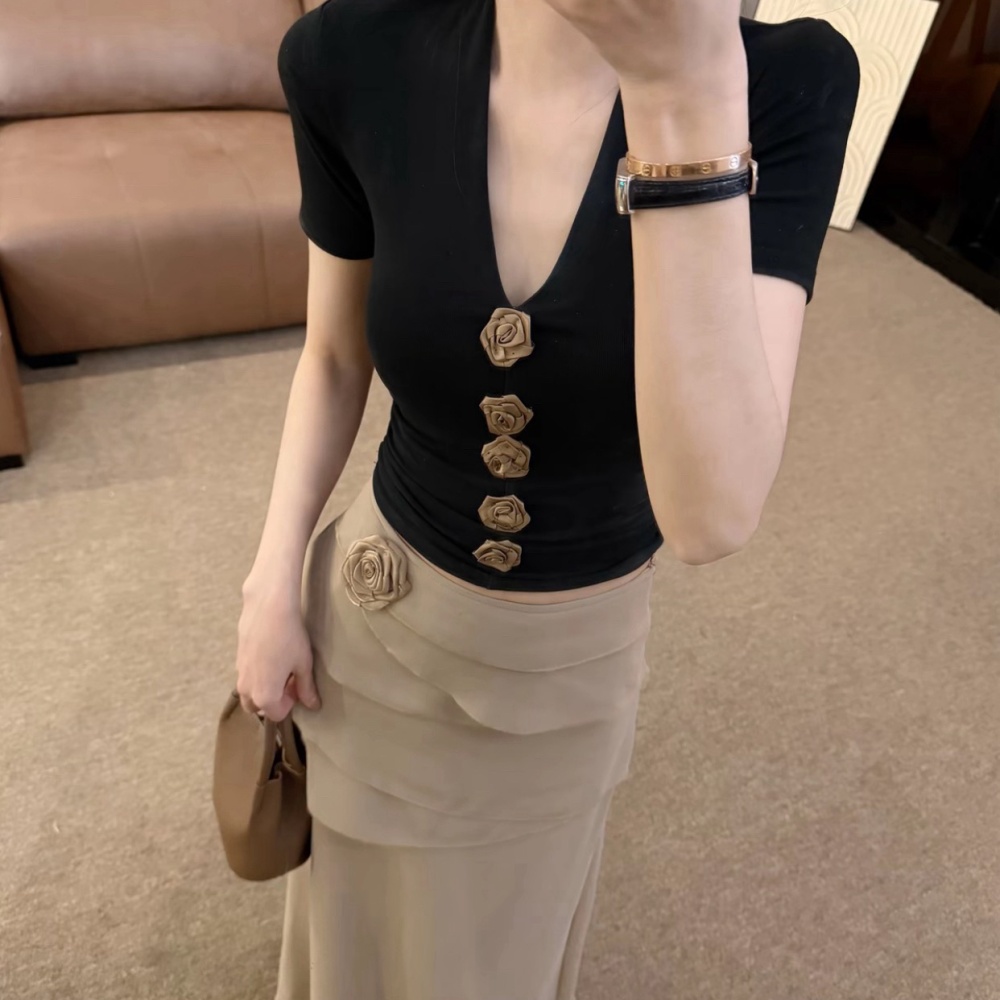 Fashion cake V-neck tops slim Korean style skirt 2pcs set