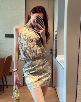 Printing rhinestone slim temperament dress for women