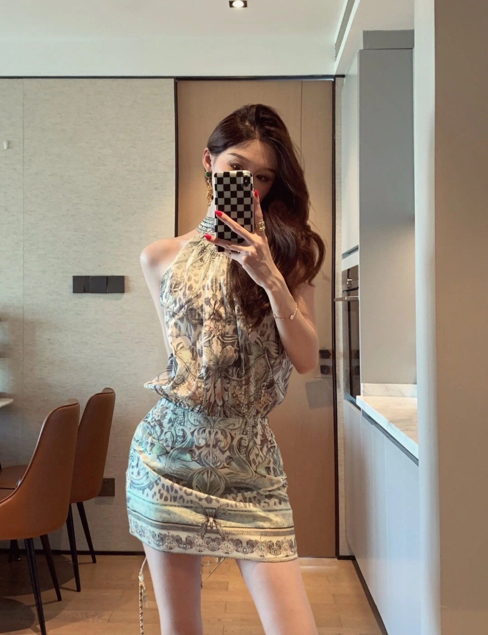 Printing rhinestone slim temperament dress for women