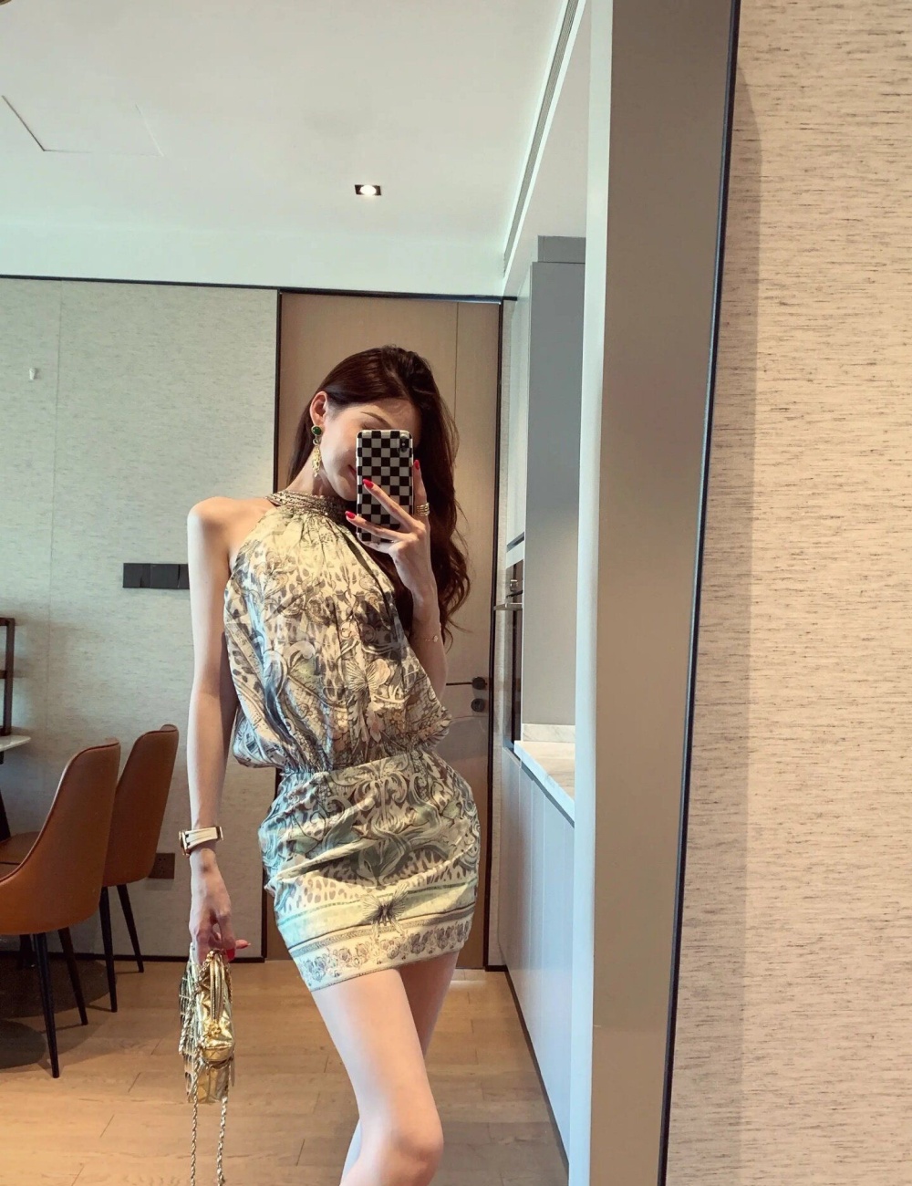 Printing rhinestone slim temperament dress for women