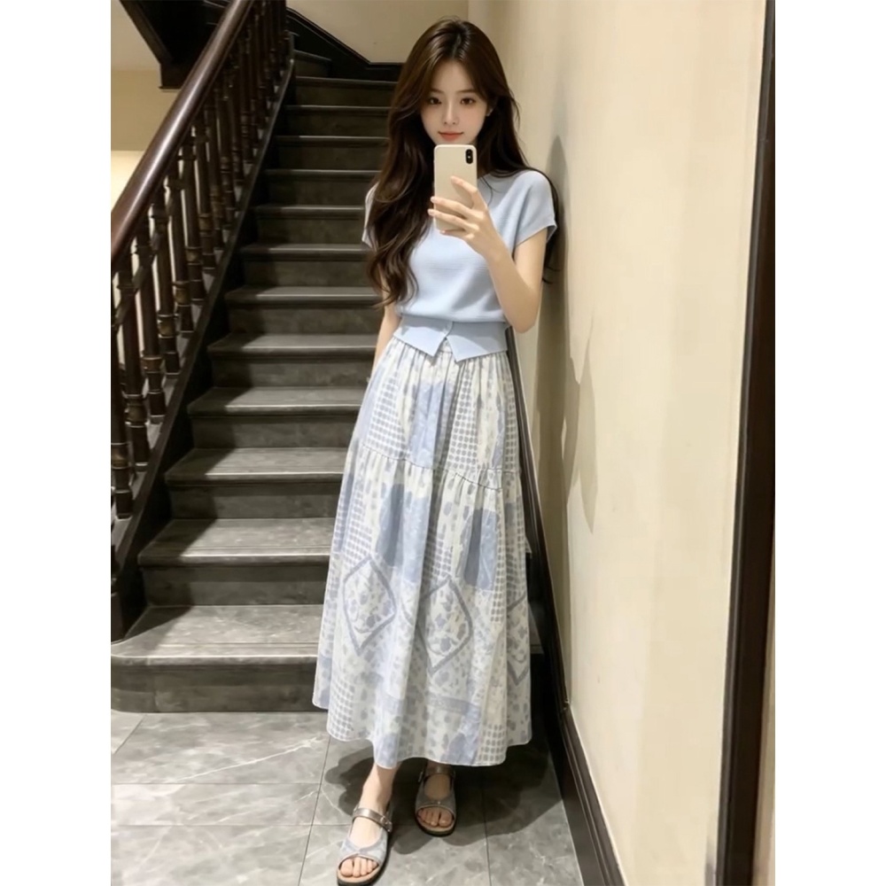 Pinched waist summer long skirt fashion tops a set
